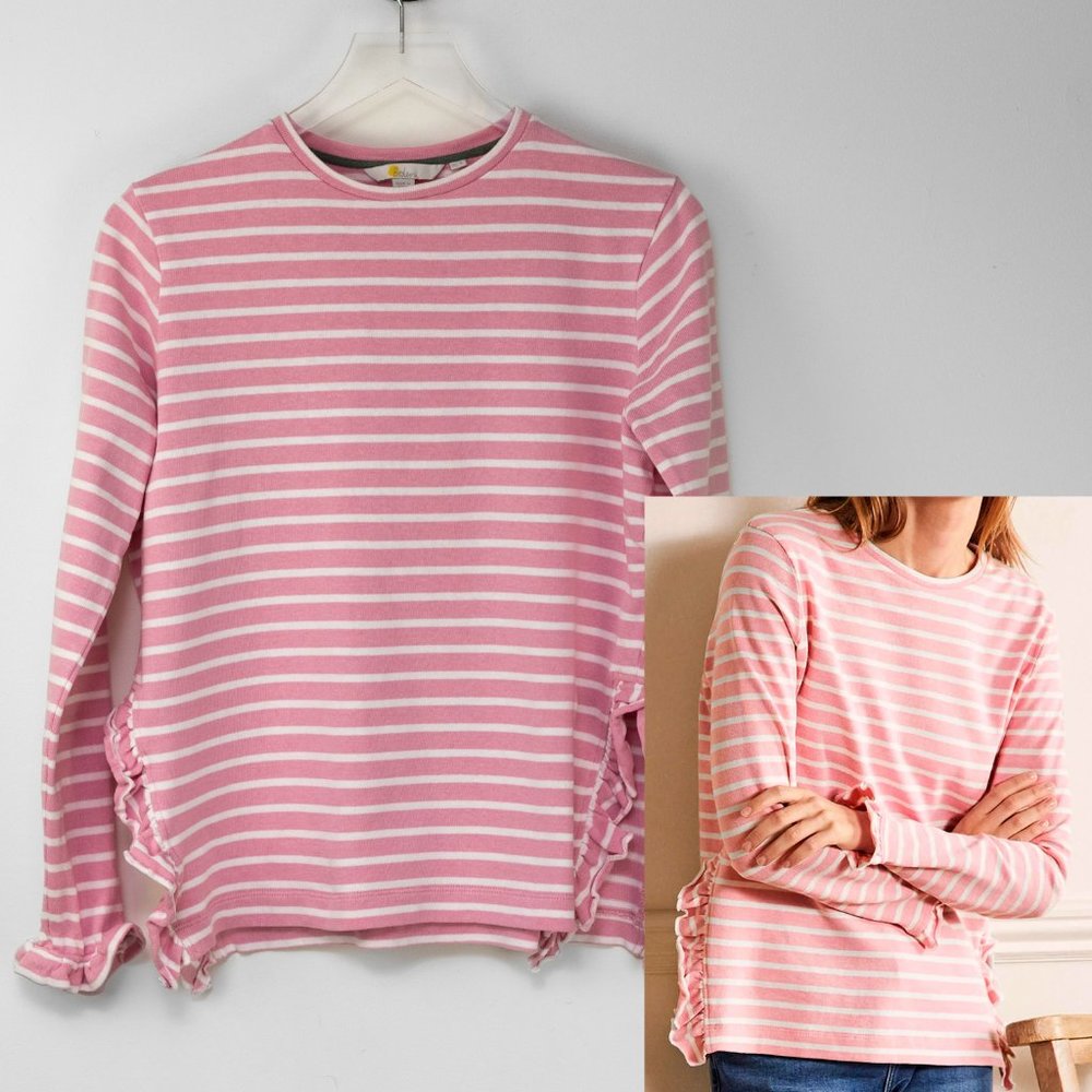 Boden Frilled Jersey Top Stripe Shirt Side Split Cotton Cameo Pink Ivory Size 4